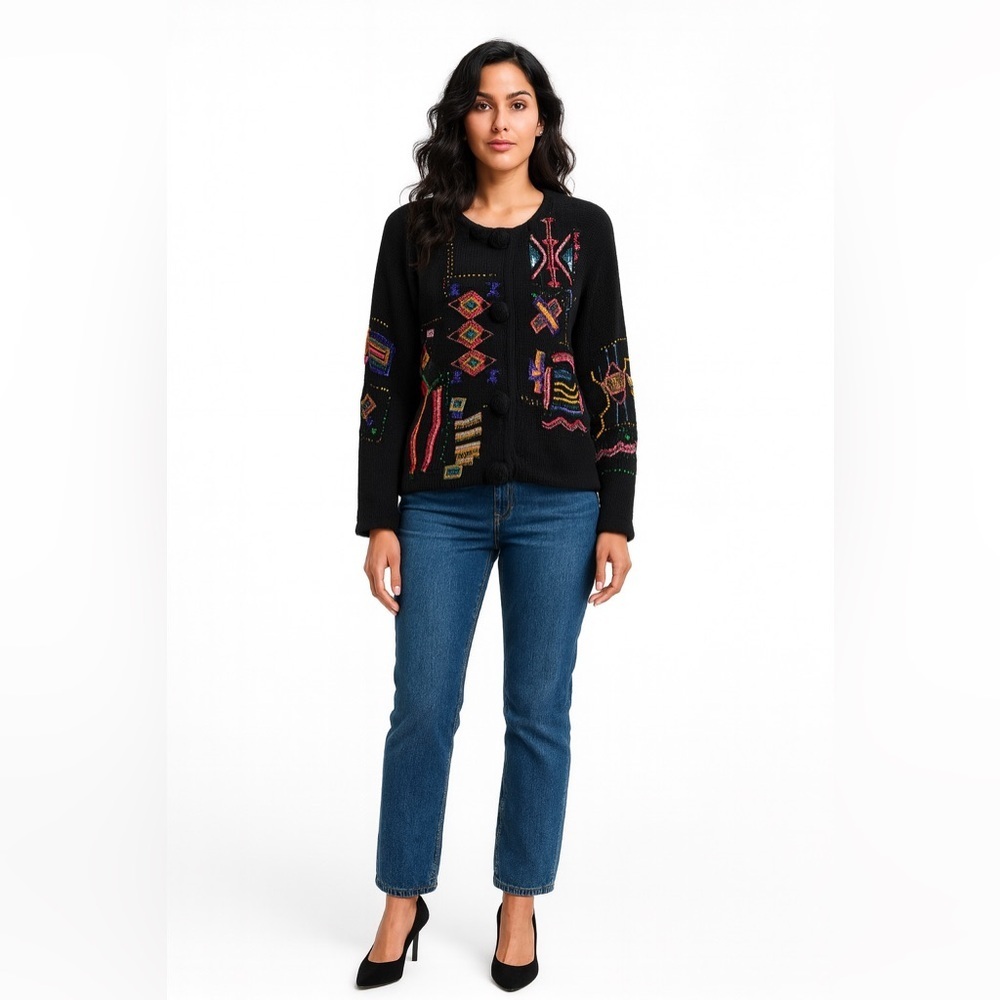 Vintage New York News Women’s Beaded Embroidered Knit Black Cardigan, Size Large